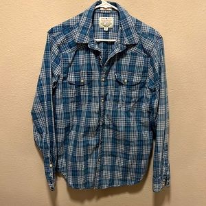 Lucky Brand Western Shirt Sz M Pearl Snaps Blue White Stripe Pockets